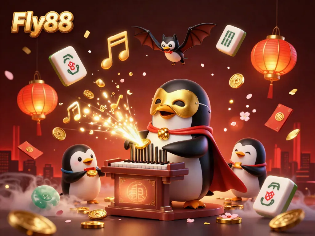 Fly88's penguin organist creates a vibrant casino atmosphere with coins and festive elements.