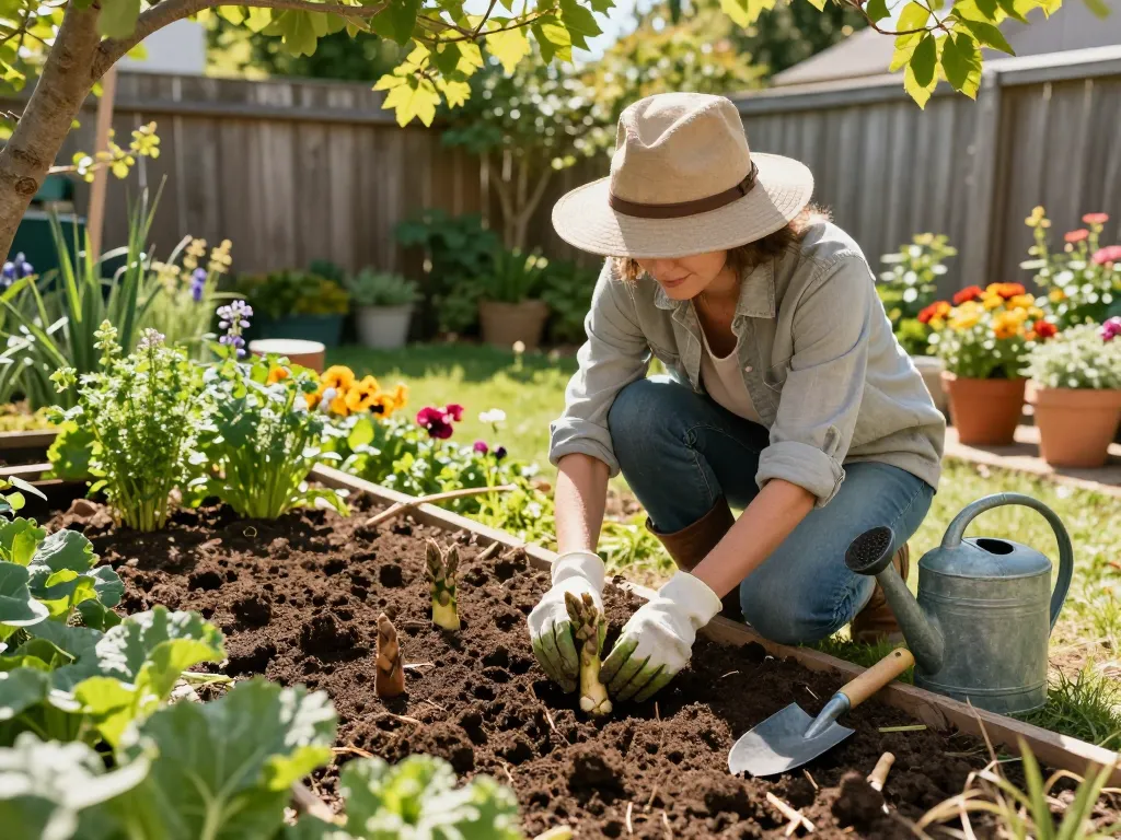 Aspergeklauwen kopen: gardener planting asparagus crowns in a vibrant vegetable garden, surrounded by fresh herbs and colorful flowers.