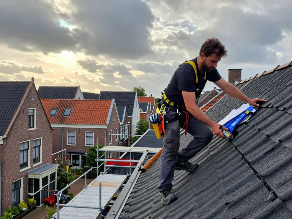 Expert dakdekker die deventer daklekkage aanpakt op hellend dak in woongebied.
