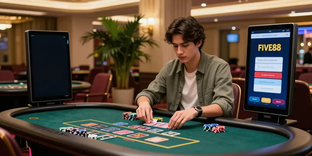 Exciting live dealer interaction at FIVE88 casino, showcasing immersive online gambling experience.