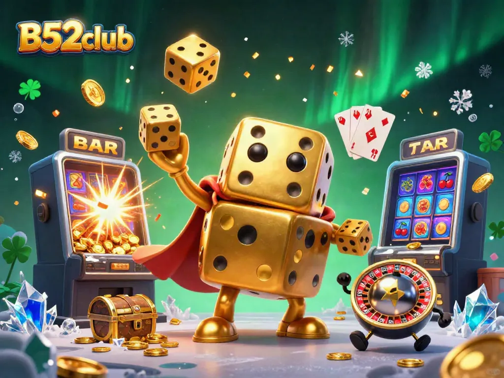 Engage with the vibrant world of B52club through this dynamic 3D casino illustration featuring animated dice and gaming elements.