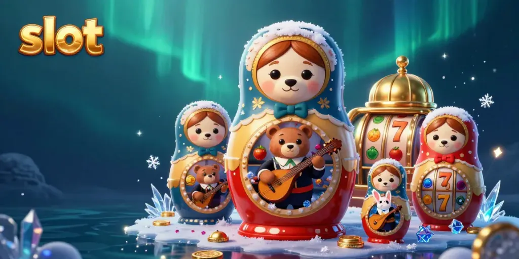 Experience thrilling slots action with a vibrant 3D scene featuring a Matryoshka bear and casino elements.