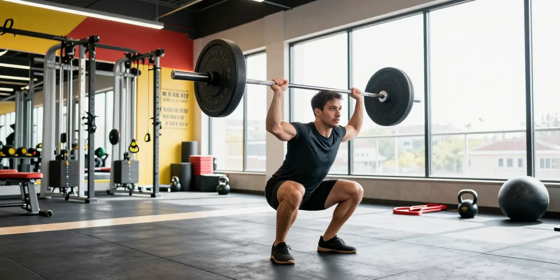 Prime Pharma Steroiden in a vibrant gym scene, showcasing an athlete performing barbell squats surrounded by fitness equipment.