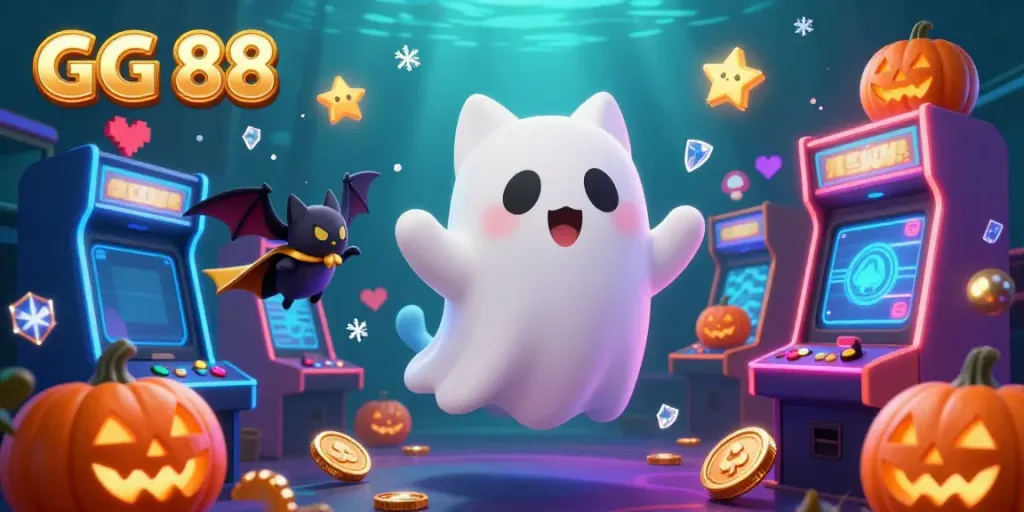 Engage with GG 88's thrilling casino adventures alongside a friendly ghost cat and vampire bat in vibrant gameplay.