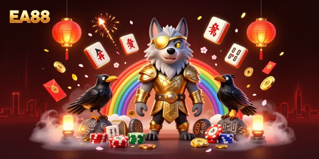Engage with the world of EA88 through this vibrant casino art scene filled with golden elements and mythical characters.