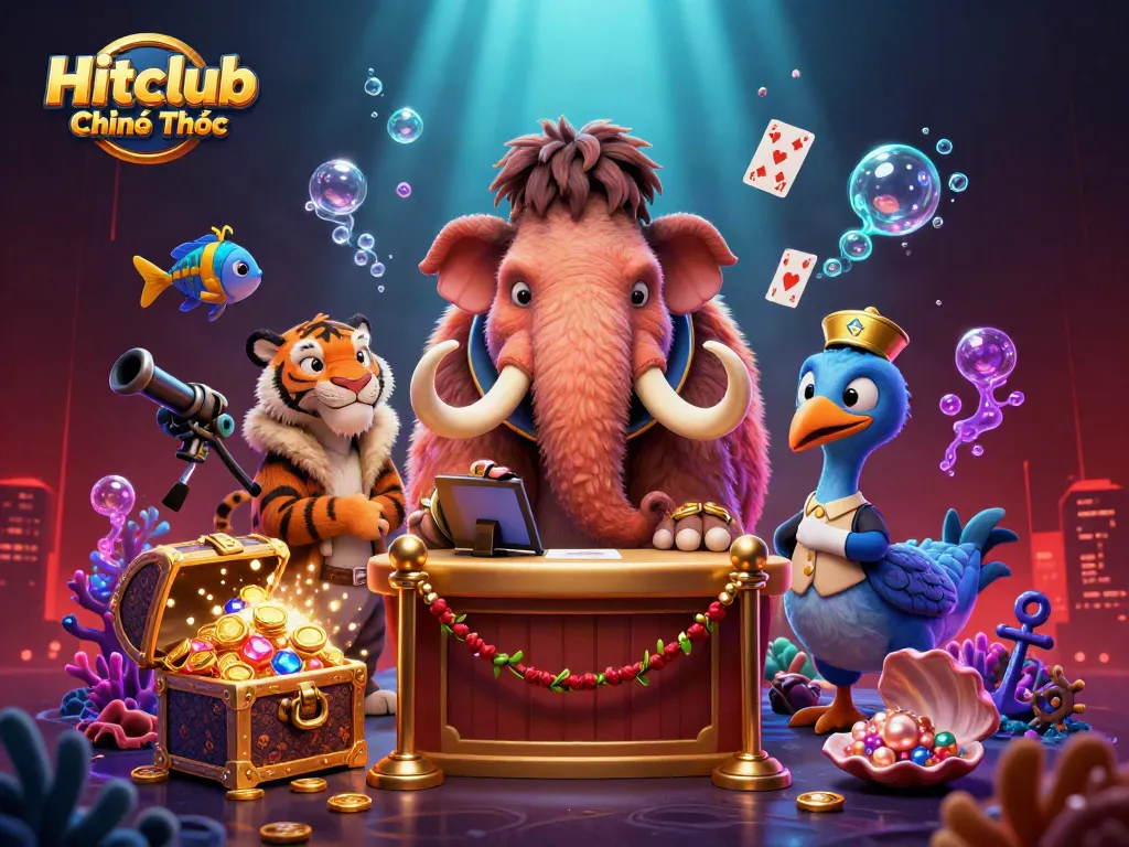 Engage in the thrill at Hitclub Chính Thức with a 3D bouncer, saber-tooth guest, and vibrant casino elements.