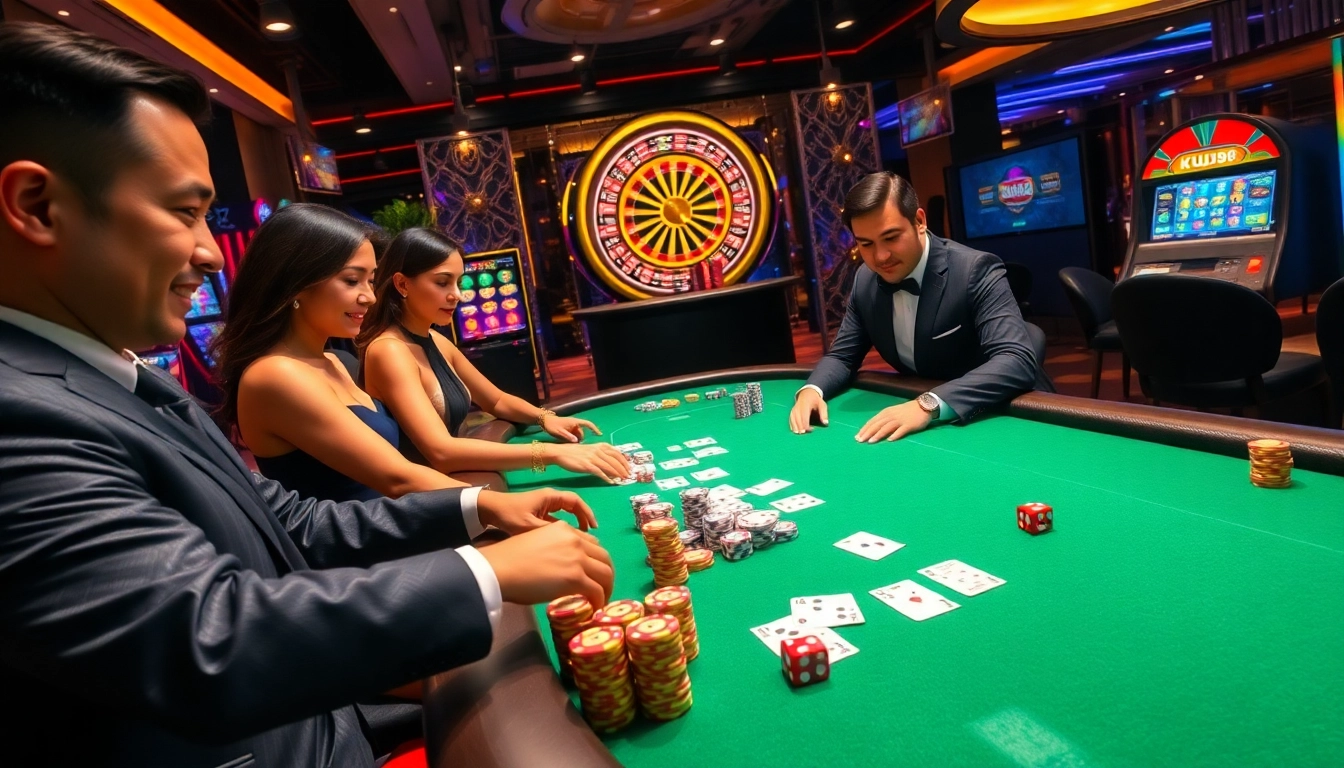 Players enjoying an exciting poker game at KU88 casino, surrounded by vibrant slot machines.