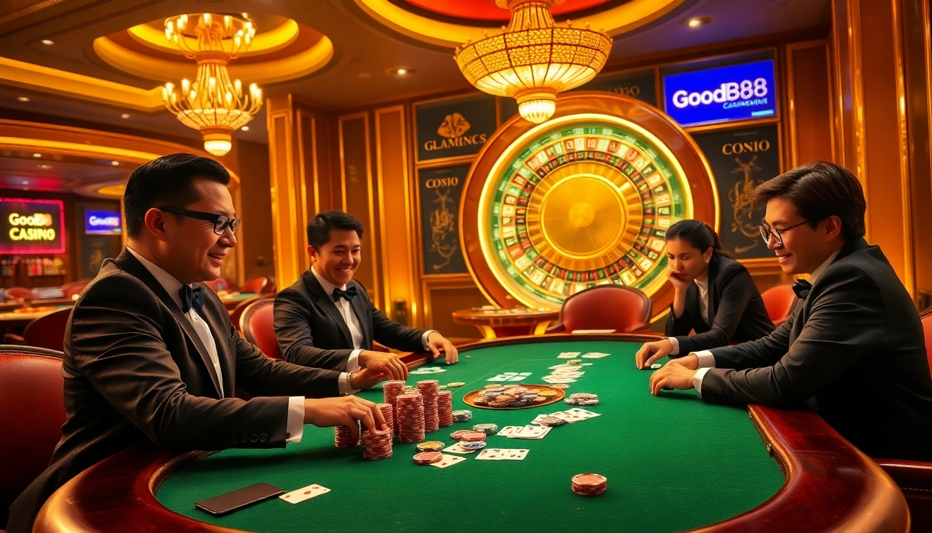 Good88 poker players strategizing over colorful chips at a luxurious casino table.