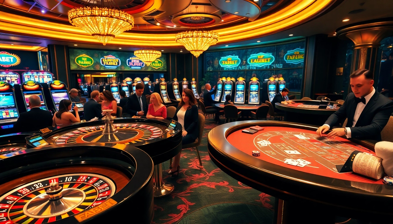 FABET casino table action featuring immersive roulette and vibrant slot machines.