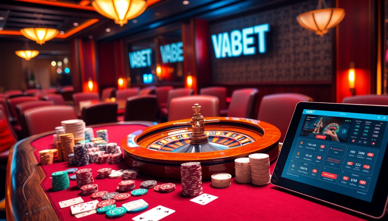 Engage in thrilling poker action with VAOBET at a luxurious casino table filled with vibrant chips and cards.