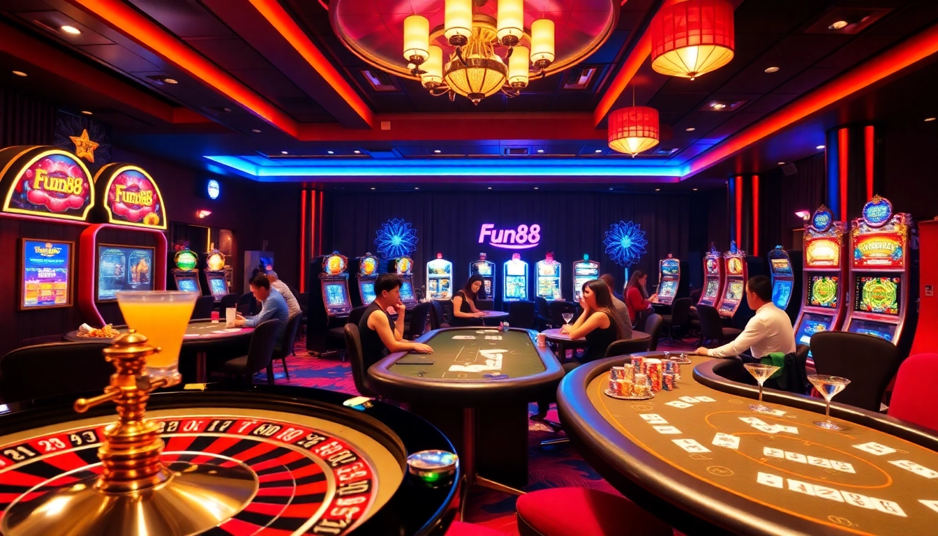 Excited players enjoying classic casino games at Fun88's vibrant gaming tables.