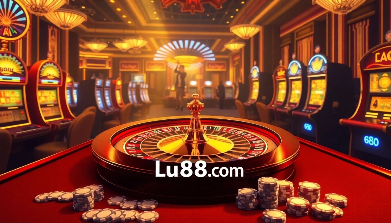 Excited players enjoying games at Lu88.com casino, featuring roulette and slot machines.
