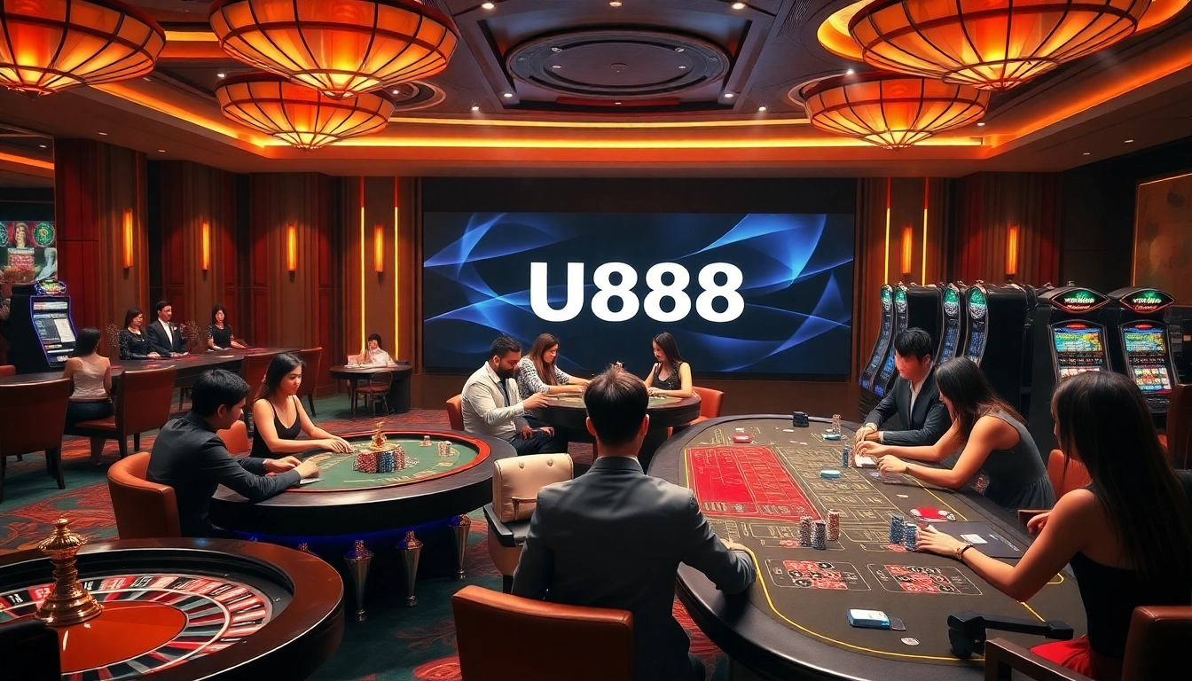 Players enjoying their time at Nhà cái U888 with vibrant slot machines and a roulette wheel.
