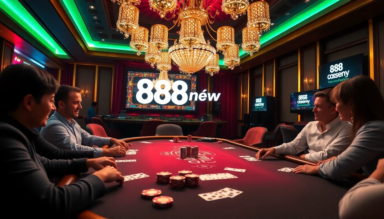 Experience the excitement of gambling at 888new in a luxurious casino setting with poker tables and engaging players.