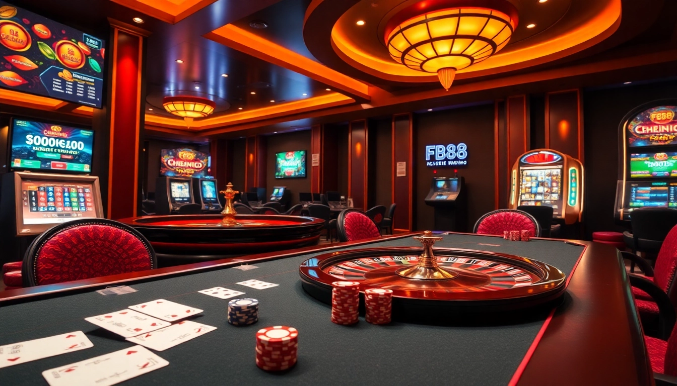 FB88 engaging players at a luxurious casino table with poker chips and cards.