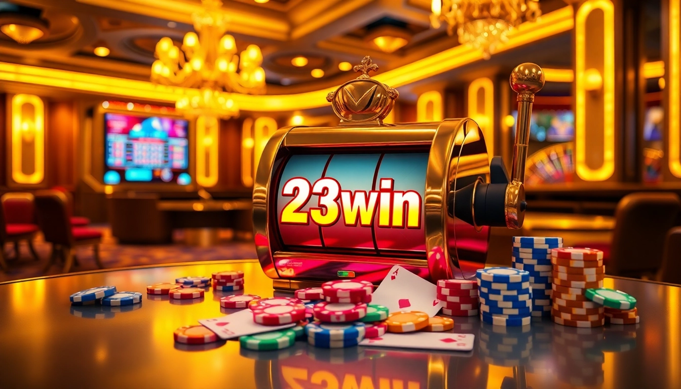 Experience the thrill of winning at 23win with luxurious casino elements like slot machines and poker chips.
