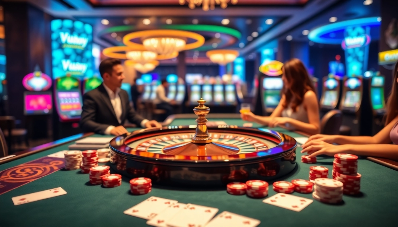 Engaged players winning at Vuabai9 casino table with roulette and poker chips.