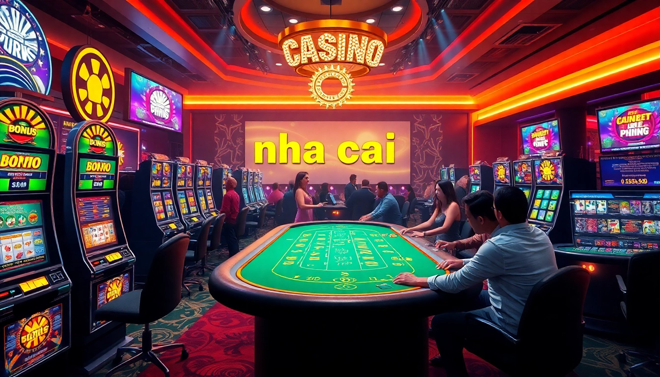 Exciting virtual casino scene with nha cai uy tin promotions and lively gaming atmosphere.