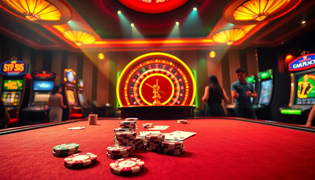 Experience excitement at GOD55 with vibrant casino action featuring poker chips and a roulette wheel.