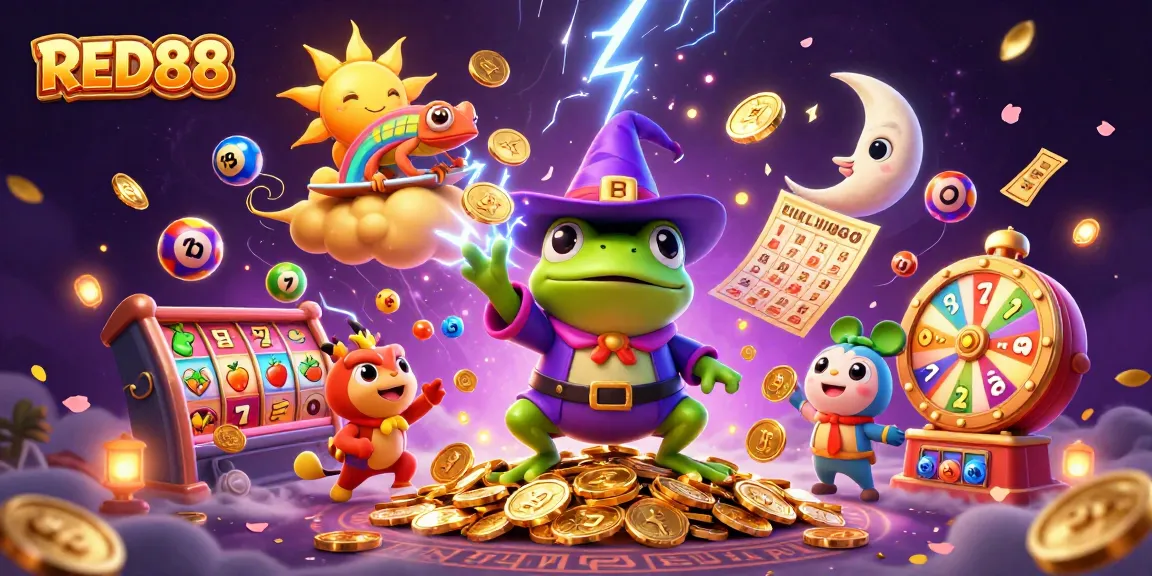 Experience RED88's vibrant slots with a storm of golden coins and magical characters in a dynamic casino illustration.
