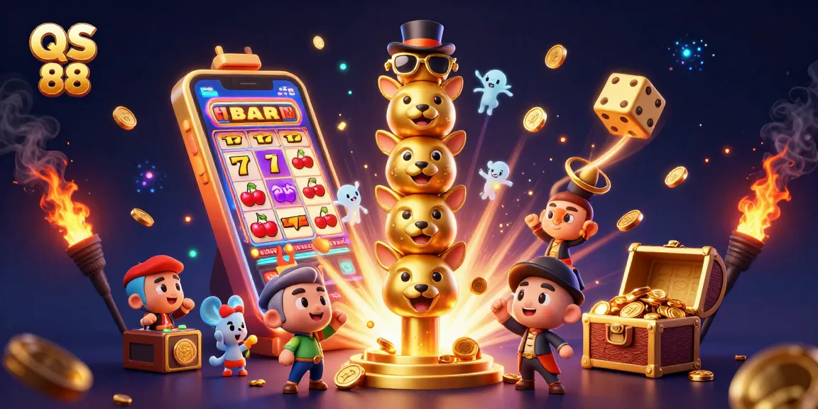 Experience the excitement of QS 88 with animated riches, slot machines, and jackpot victories.