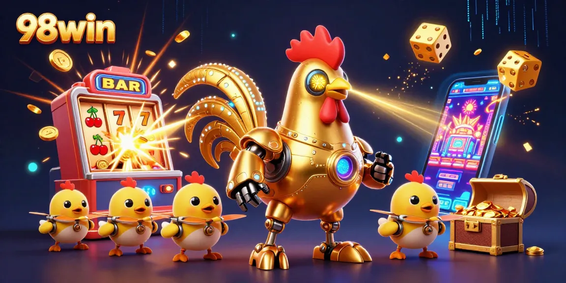 Experience thrilling gameplay with 98win's vibrant casino illustration featuring a golden rooster robot and dynamic gaming elements.