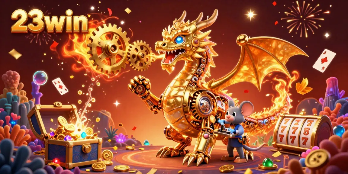 Engage with the vibrant world of 23win, featuring a golden dragon and colorful gambling elements.
