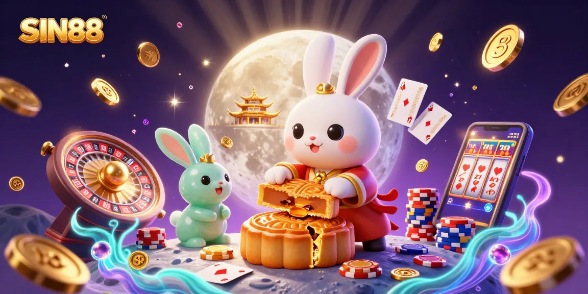 SIN88 features a moon rabbit pounding mooncakes surrounded by casino excitement with gold chips and colorful elements.