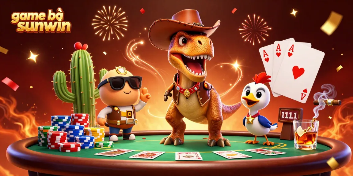 Engage with game bài sunwin through intense poker action featuring a T-Rex and casino elements.