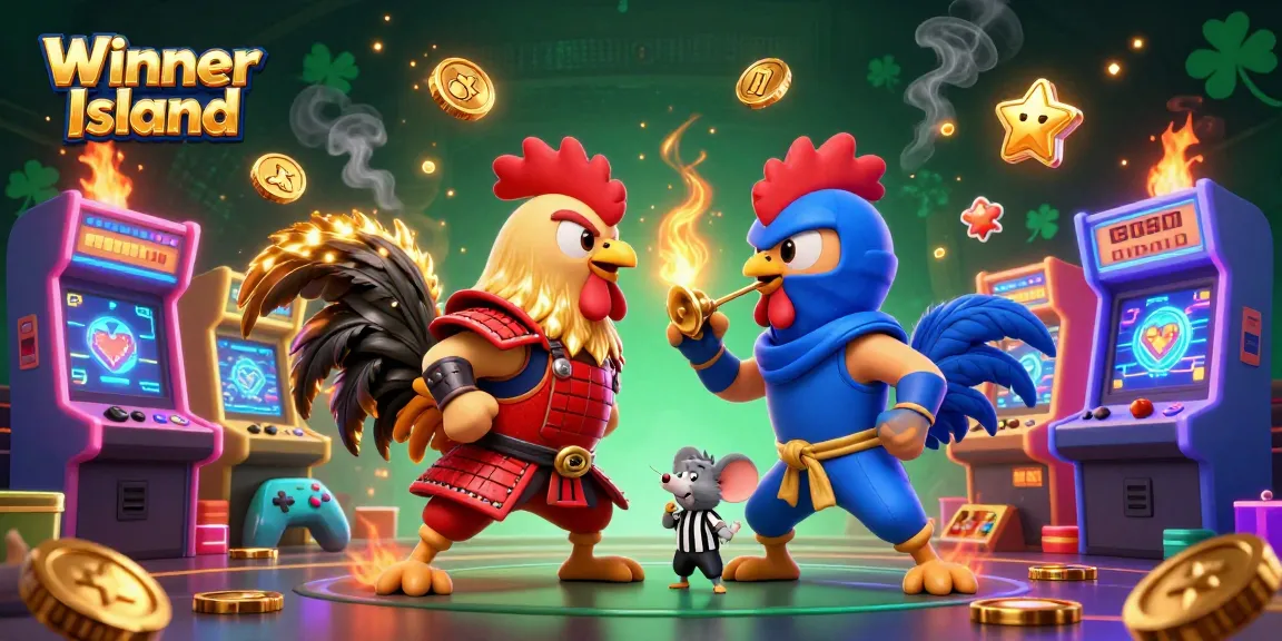 Winner Island illustration showing roosters in battle with vibrant casino game elements and glowing effects.