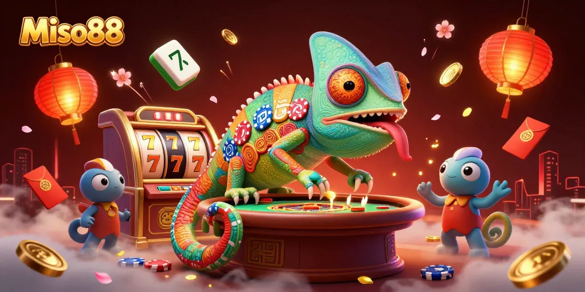 Miso88 captivates players with a vibrant cartoon scene featuring a chameleon casino owner, golden coins, and spinning slot reels.