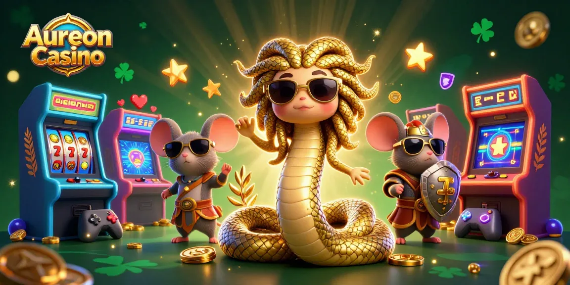 Aureon Casino offers a vibrant gaming experience with animated characters and arcade elements in a festive setting.