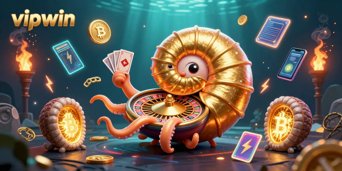 Engage with vipwin's exciting gaming experience featuring a golden roulette nautilus and vibrant crypto elements.