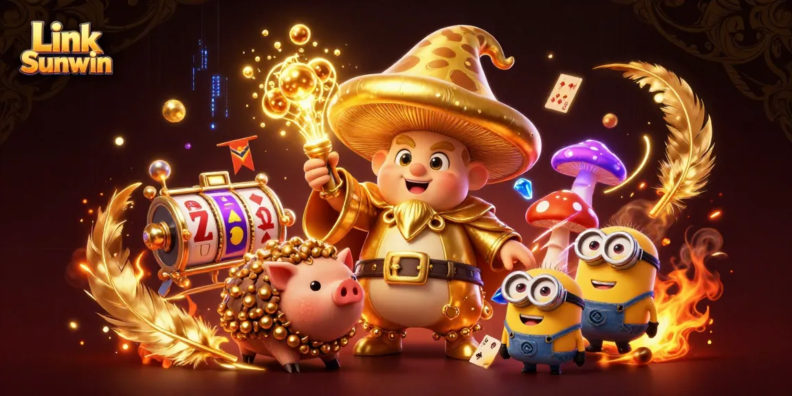 Engage with Link Sunwin at a vibrant casino scene featuring a magical mushroom wizard and treasure-hunting pig.