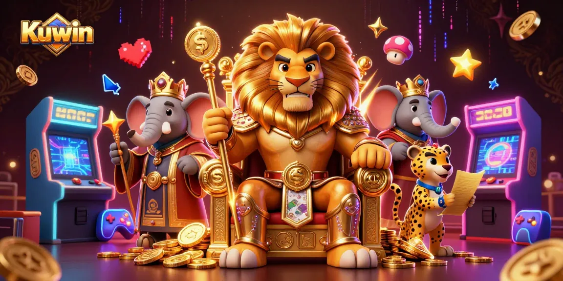Kuwin offers an exciting digital casino adventure with a lion king, elephant advisor, and cheetah messenger amid vibrant gaming elements.