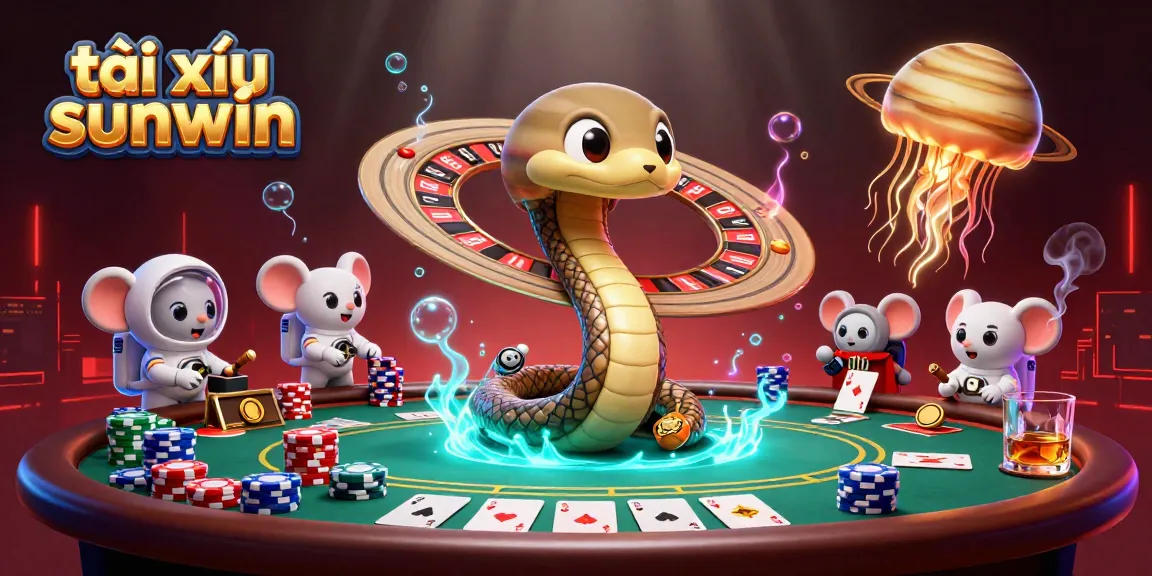 Engage with tài xỉu sunwin at a casino scene featuring a Saturn ring snake and astronaut mice.