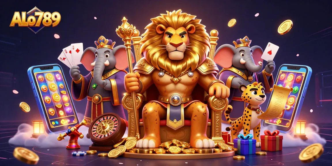 Experience ALo789's vibrant gaming universe with a lion king, elephant advisor, and cheetah messenger.