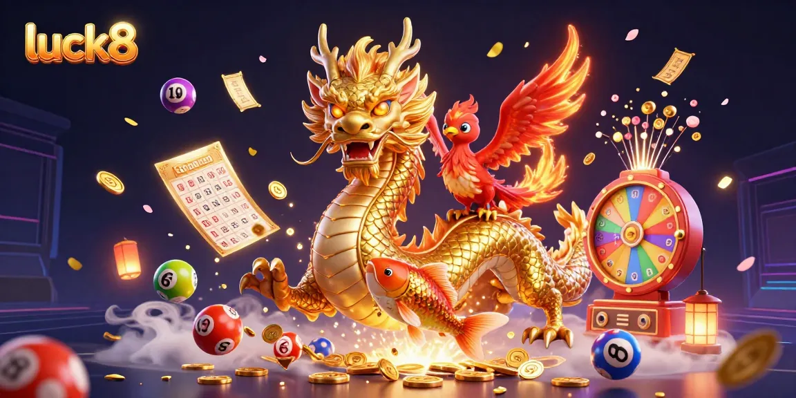 Experience luck8 excitement in a vibrant 3D illustration with golden dragon, phoenix, and koi fish in action.