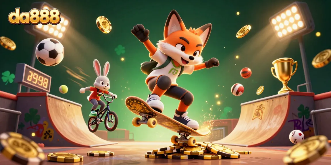 Experience the thrill of da888 with a vibrant 3D illustration of a skateboarder fox and BMX rabbit amid casino elements.
