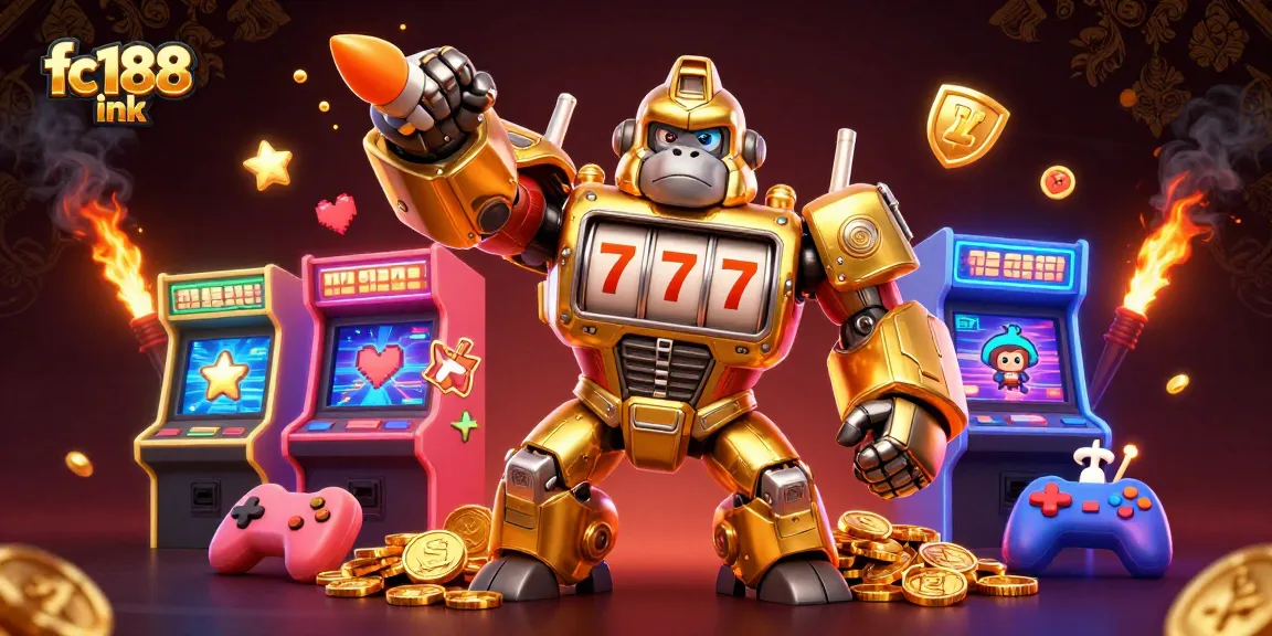 Engage in thrilling gaming with the vibrant fc188 ink 3D casino illustration showcasing a golden gorilla mech.