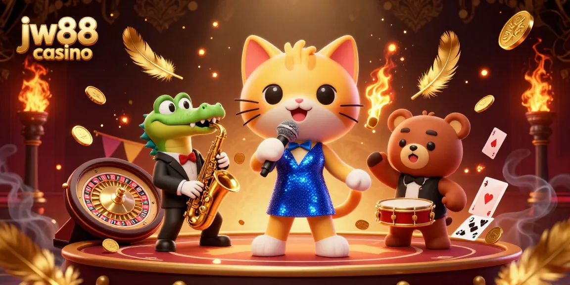 Experience the vibrant atmosphere of jw88 casino as cartoon characters perform amidst a dazzling gaming spectacle.