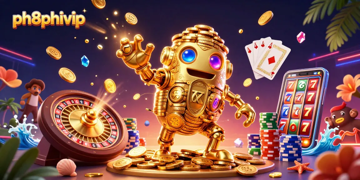 Engage in Ph8Phivip's thrilling casino adventures with dynamic gaming elements and a stunning golden golem.
