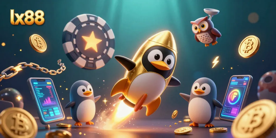 Experience the excitement of lx88 with a golden penguin soaring through a neon-filled casino universe!