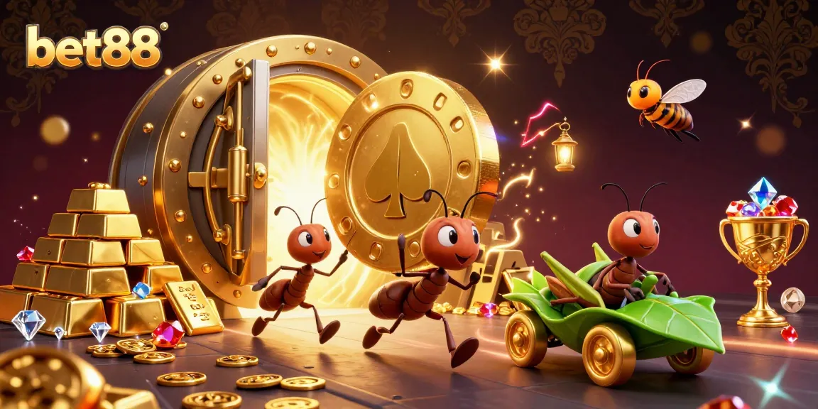 Witness the heist of bet88 as cartoon ants carry a giant poker chip, surrounded by treasures and excitement.