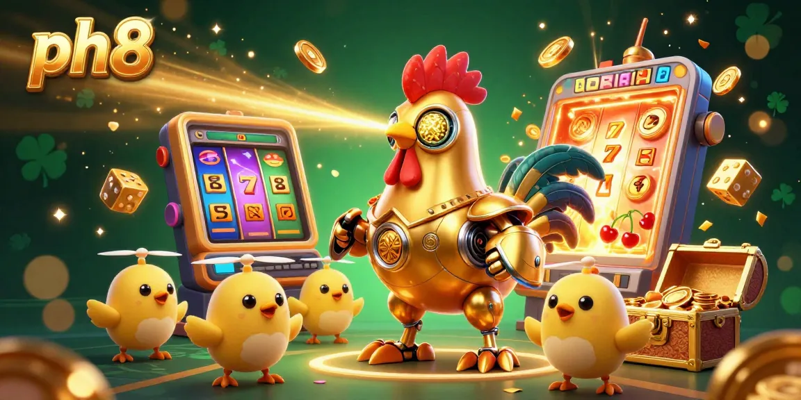 Experience thrilling gameplay at ph8 with a vibrant golden rooster robot surrounded by colorful casino elements.