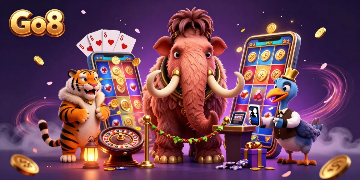 Experience the thrill of Go8 with vibrant casino characters and dynamic gaming elements all around.
