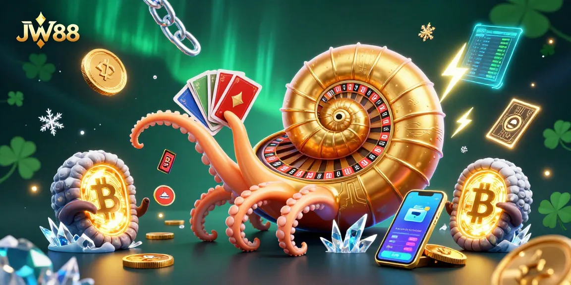 Engaging JW88 scene showcasing a nautilus roulette wheel and glowing crypto elements for online betting.