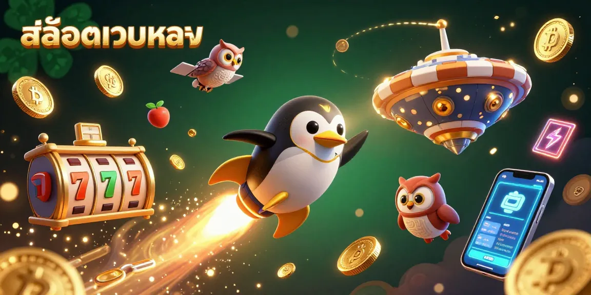 Engage with สล็อตเว็บตรง as a golden penguin flies to a poker chip casino, surrounded by crypto coins and vibrant slot elements.