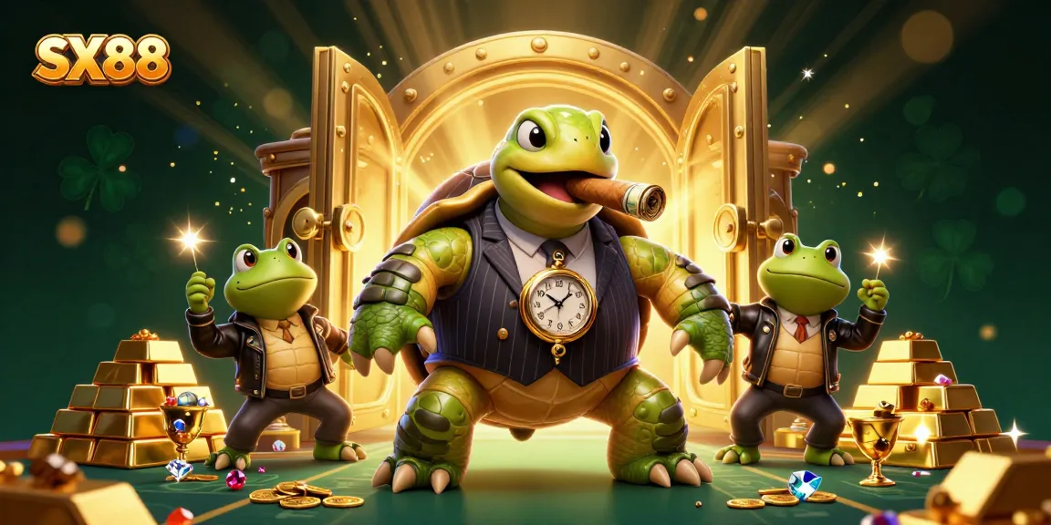 SX88 captivates players with cartoon turtles and bullfrogs in an opulent casino scene.