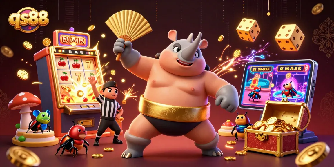 Experience the excitement of qs88 with a whimsical scene featuring a rhinoceros beetle champion in a casino-themed extravaganza.